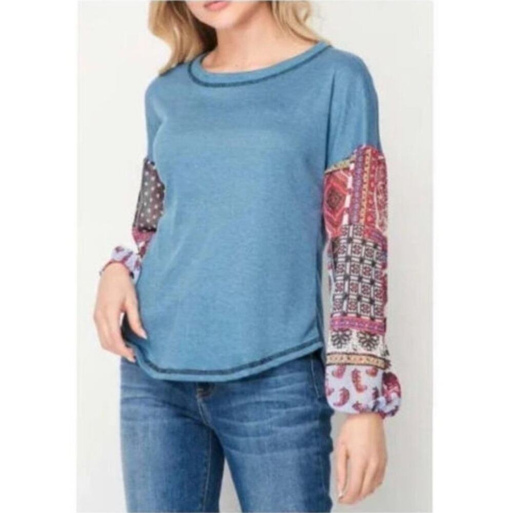 Baea Womens M Boho Mixed Sleeve Denim Blue Top NEW